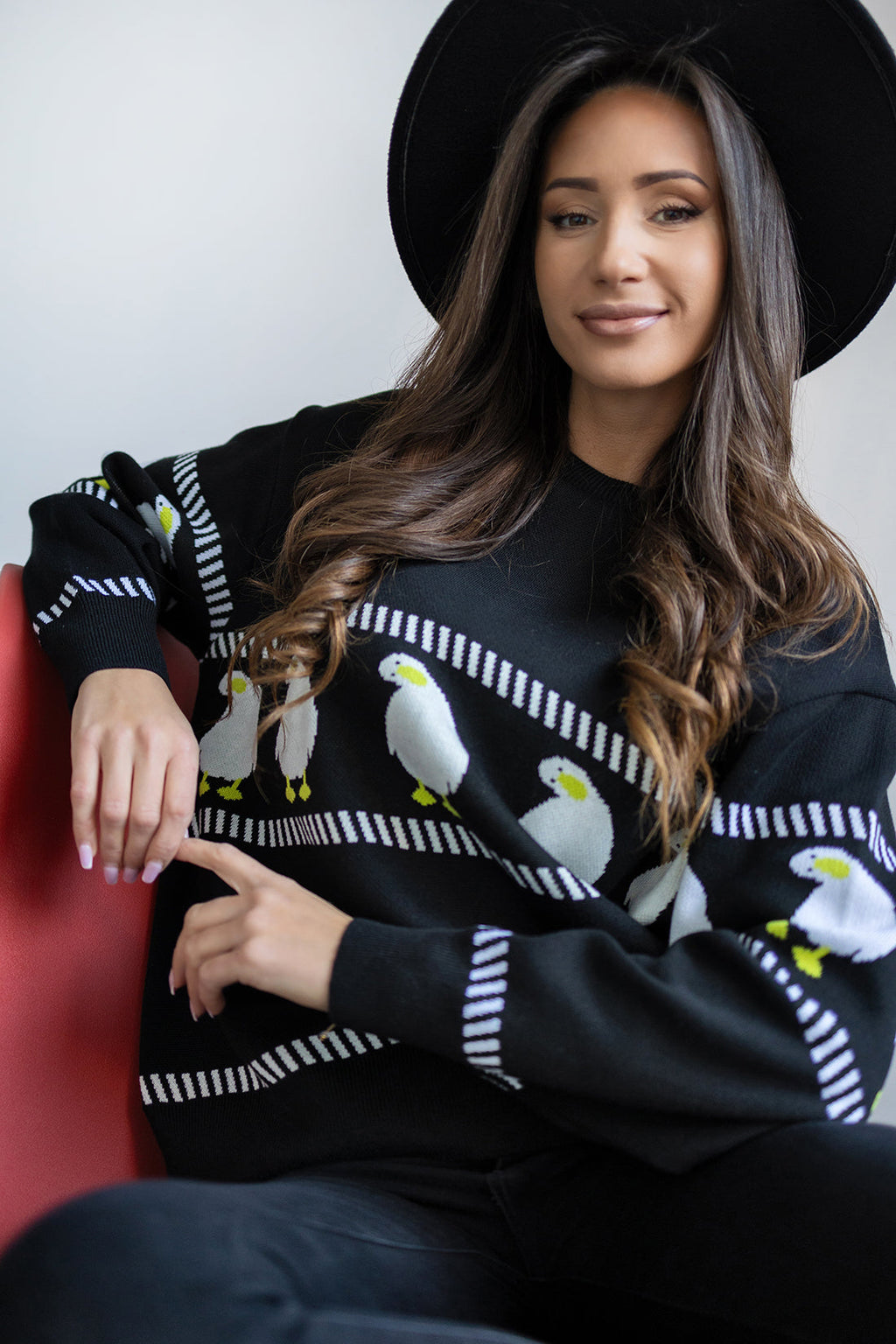 Sweter z Motywem Gęsi, Czarny – Styl i Komfort na Co Dzień