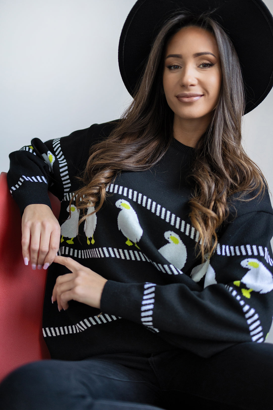 Sweter z Motywem Gęsi, Czarny – Styl i Komfort na Co Dzień